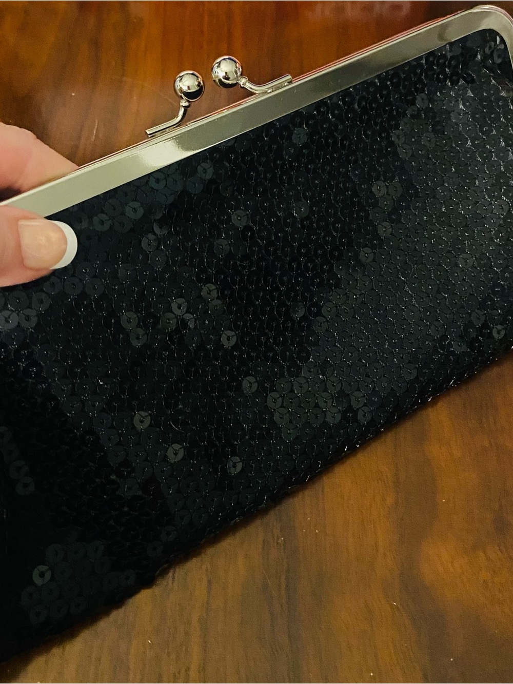 Ann Taylor Black Sequin Kiss-Lock Clutch